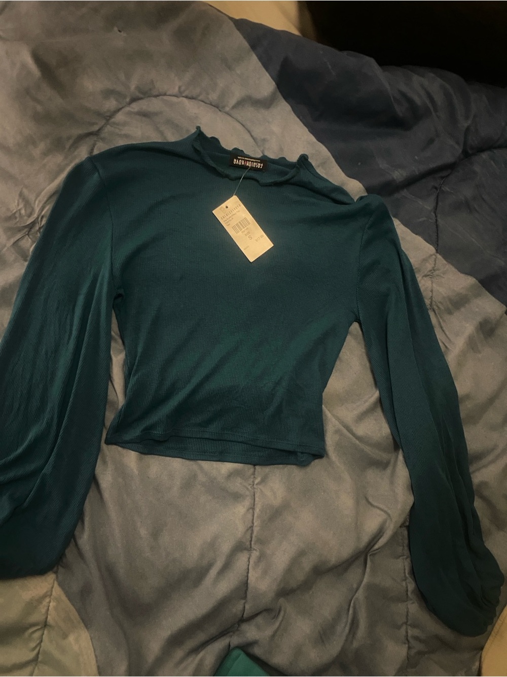 Fashion Nova Teal Ribbed Long Sleeve Crop Top